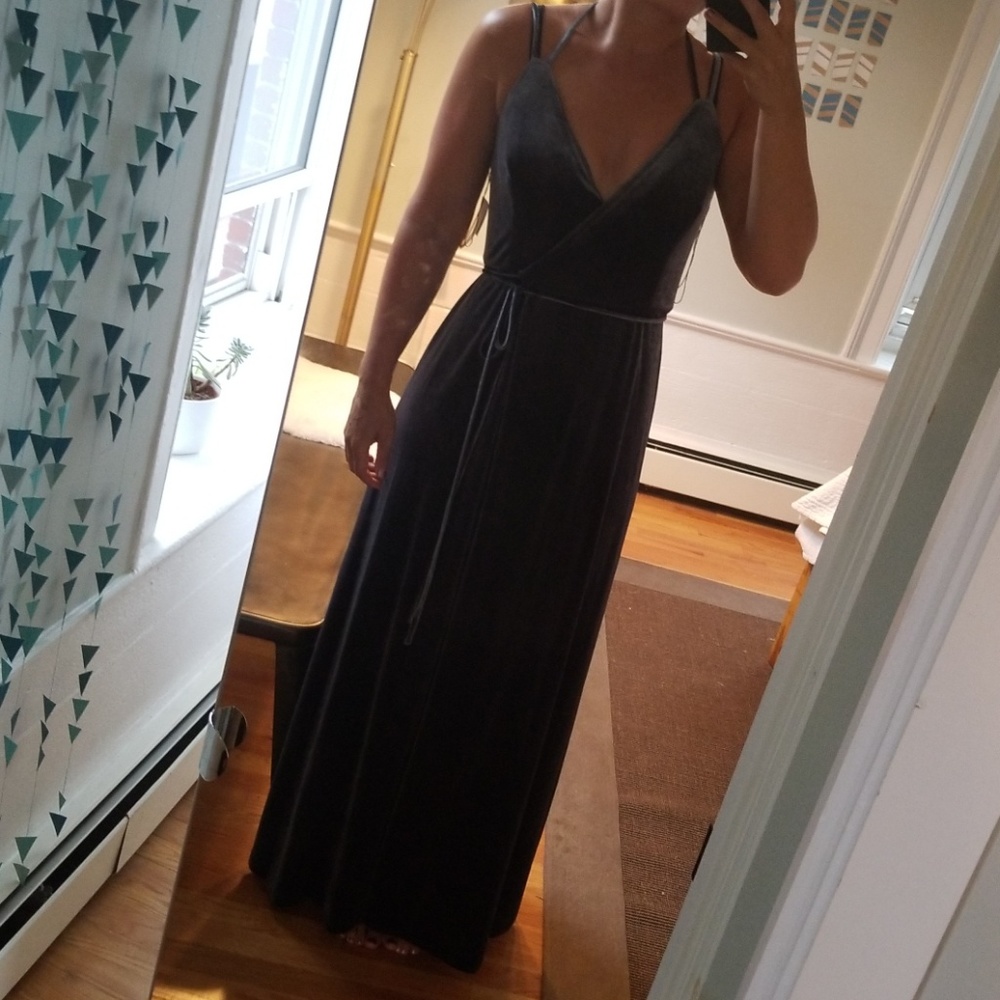 Long, charcoal velvet wrap dress. Bloomingdales